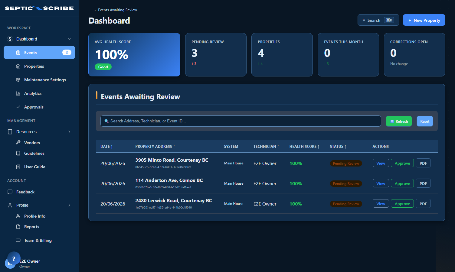 SepticScribe dashboard in dark mode