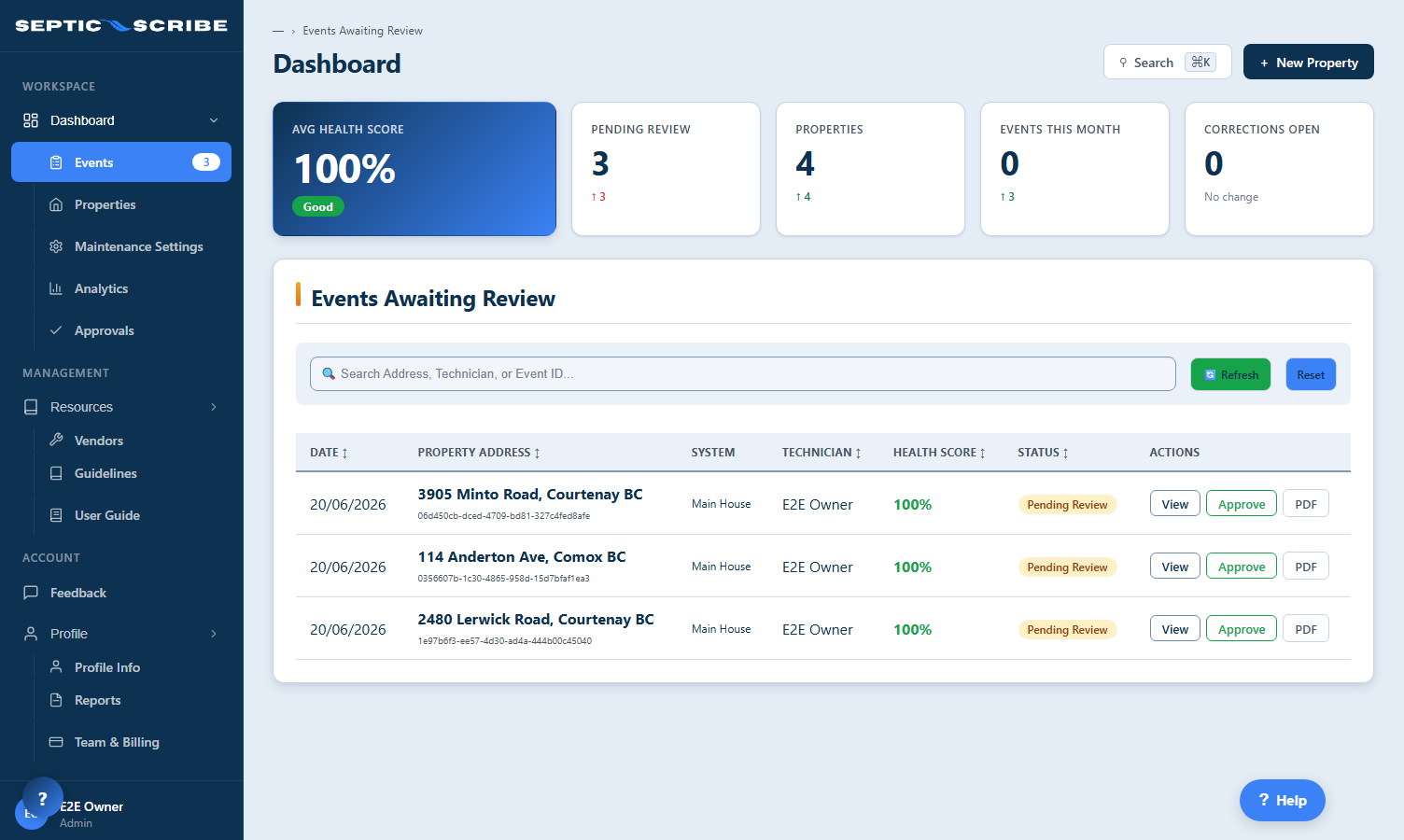 SepticScribe dashboard — maintenance events awaiting review with health scores