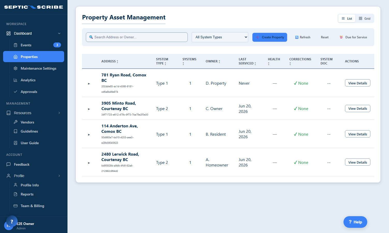 Property asset management — list of properties with system types, owners, and service history