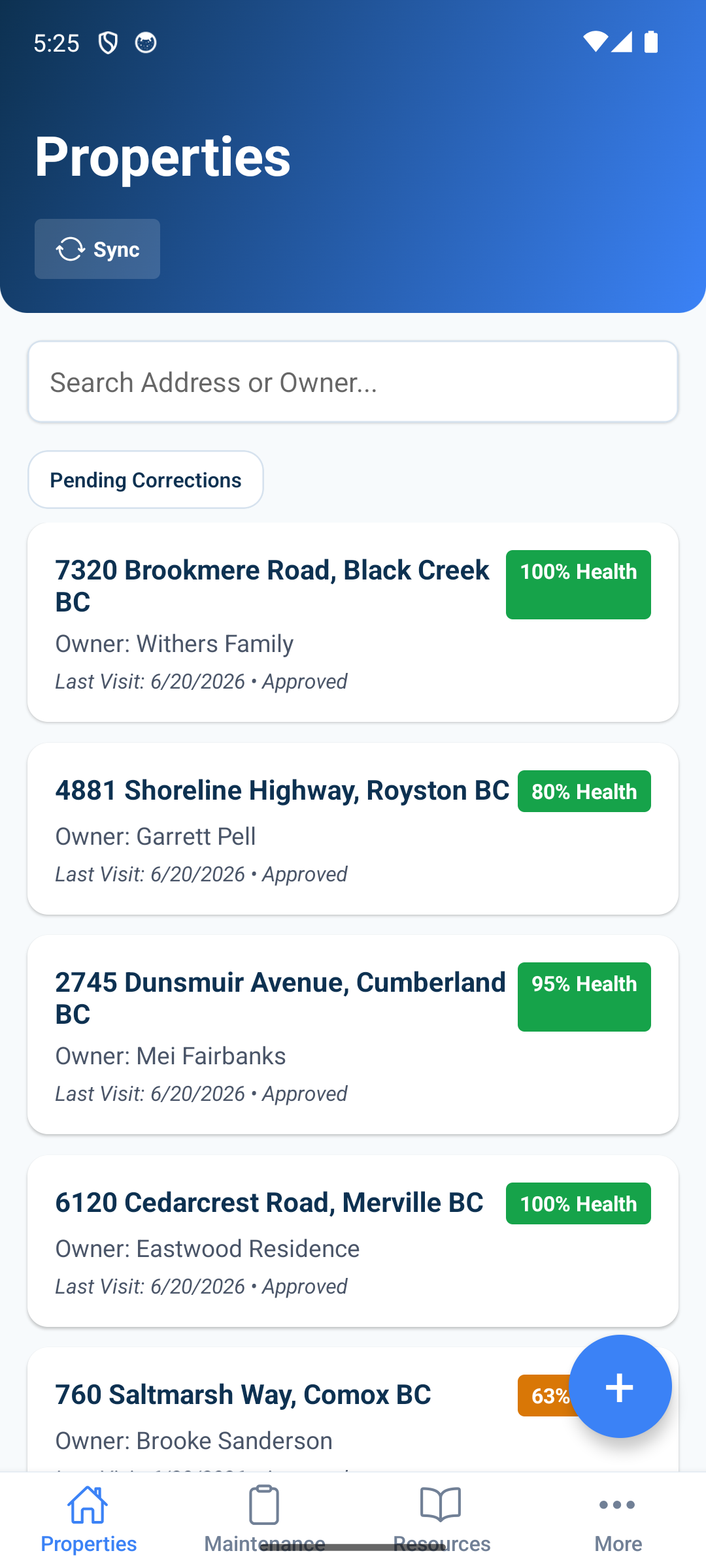 SepticScribe mobile — properties list with health scores