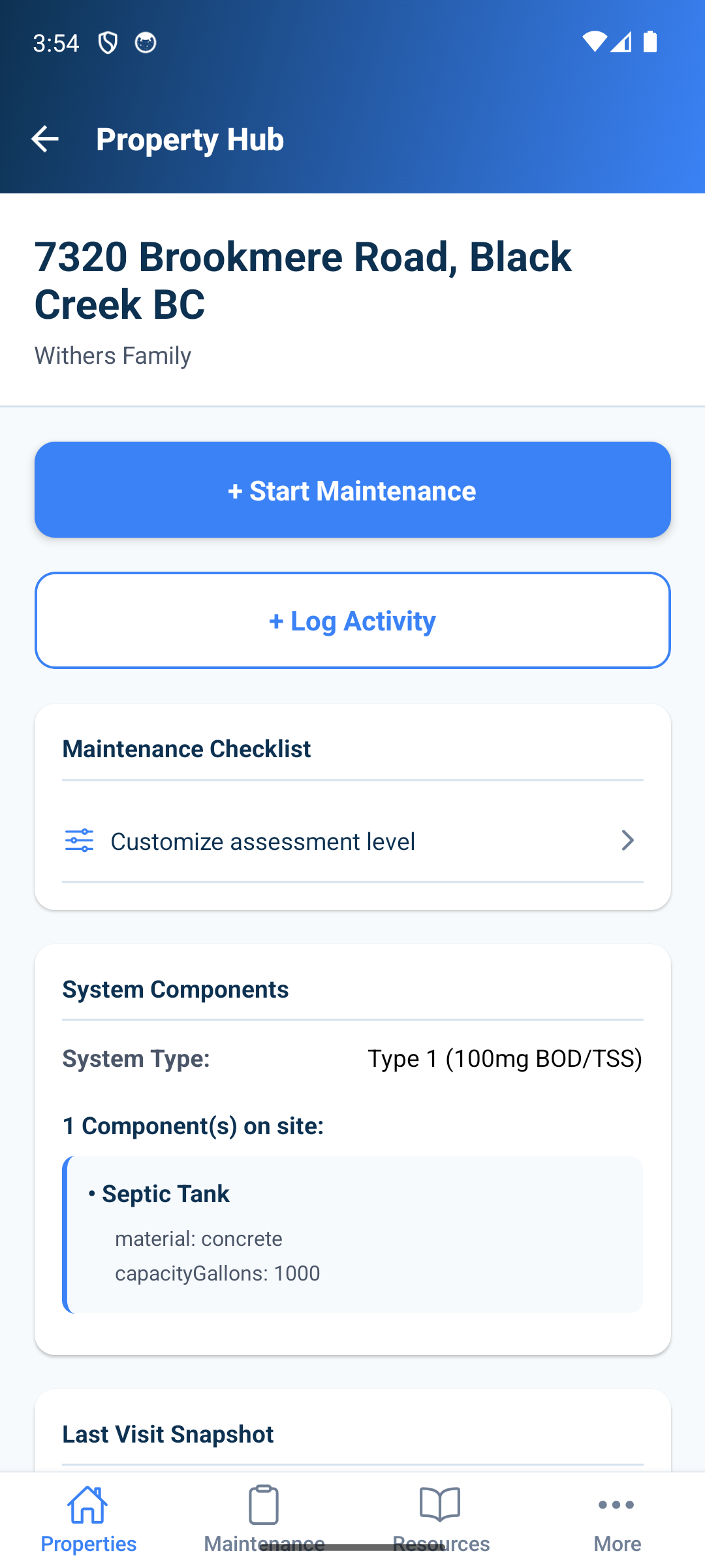 SepticScribe mobile — property hub with start maintenance and multi-system checklist
