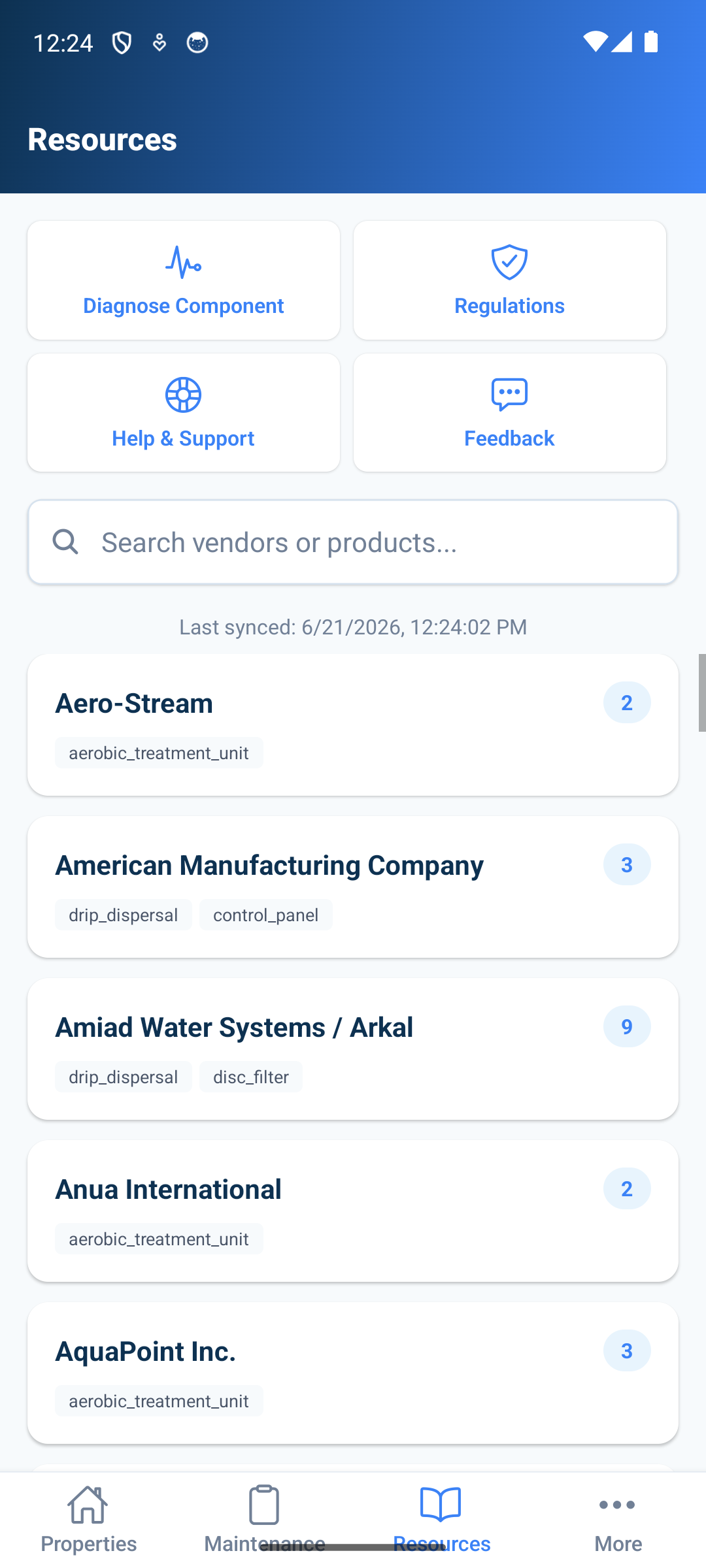 SepticScribe mobile — resources with component diagnostics, vendor knowledge, and regulations