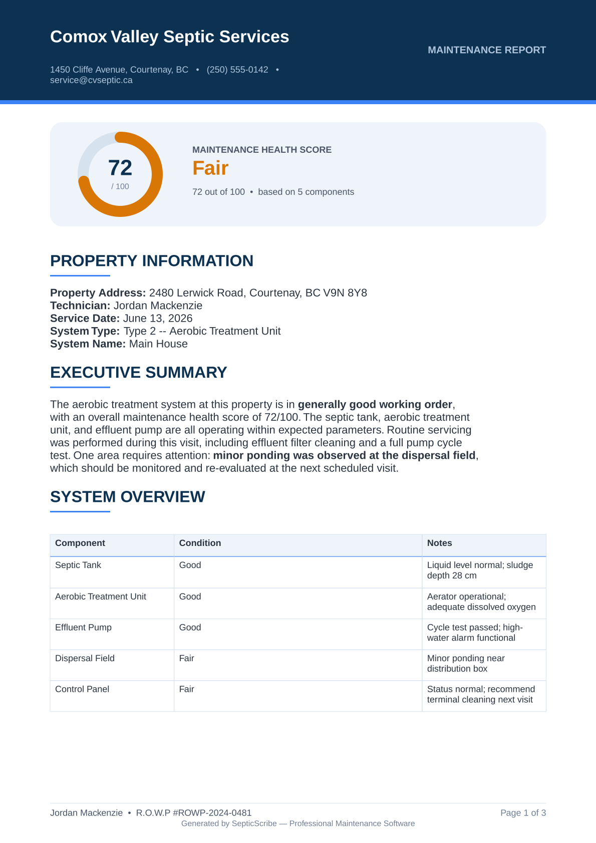 A SepticScribe maintenance report with a health score, property information, and a system overview